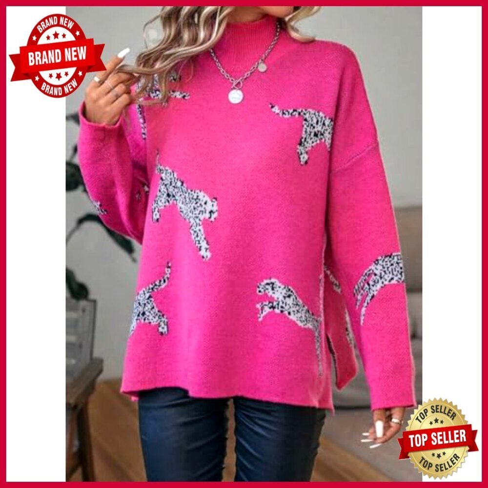 Leopard Print High Neck Long Sleeve Pullover Sweater Casual Knit Y2K Chic - Picture 3 of 5